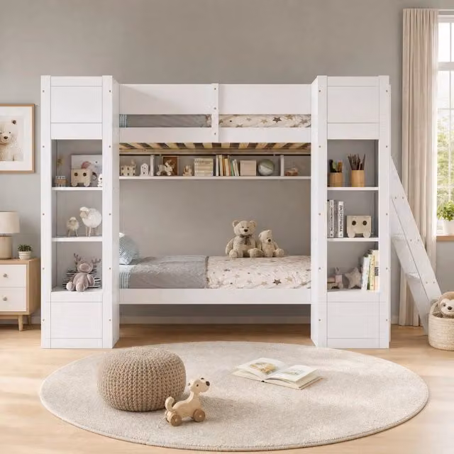 Letto a Castello 90x200 cm Bianco con 2 Armadietti, Mensola e Scaletta Reversibile