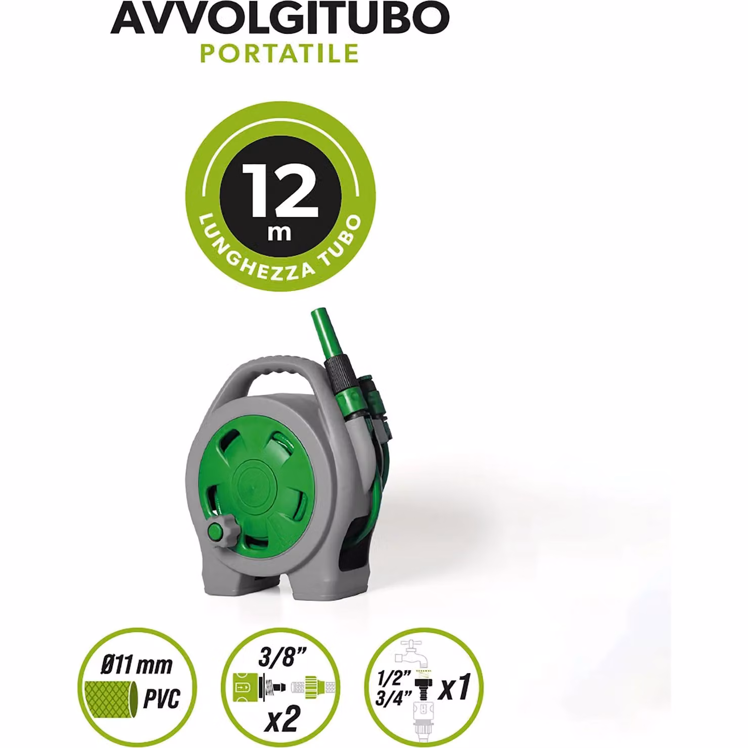 Avvolgitubo Portatile Vestiamo Casa Giardino Verde con Tubo da 12 Metri e Supporto a Parete – 2