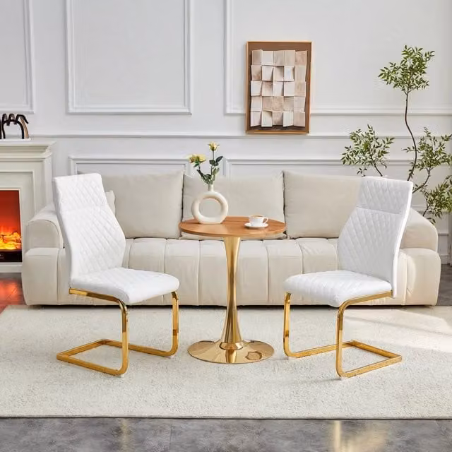 Tavolo Rotondo e Sedie da Pranzo ¨C MINIMAL ¨C MDF Effetto Legno, Gambe Oro, Set 2 Sedie Bianche