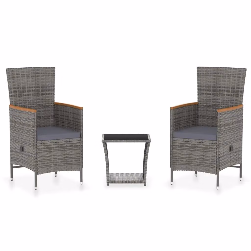 Set da giardino moderno vidaXL composto da 2 poltrone lounge, 1 tavolino da caffè e cuscini in tessuto grigio con struttura in metallo e legno di acacia – 2