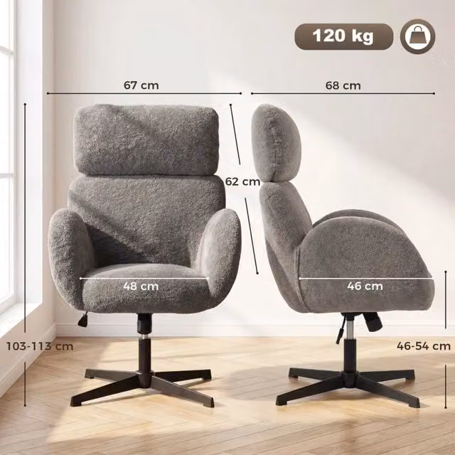 Sedia da ufficio OKWISH in tessuto bouclé grigio con poggiatesta, braccioli e seduta girevole L/P/H: 113 x 68 x 67 cm