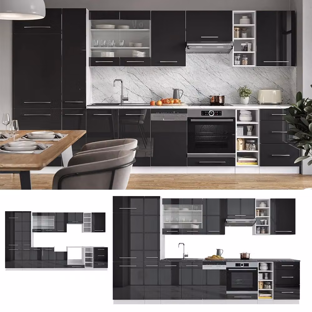 Cucina componibile moderna Fame-Line Vicco colore antracite lucido e bianco L: 355 cm – 2
