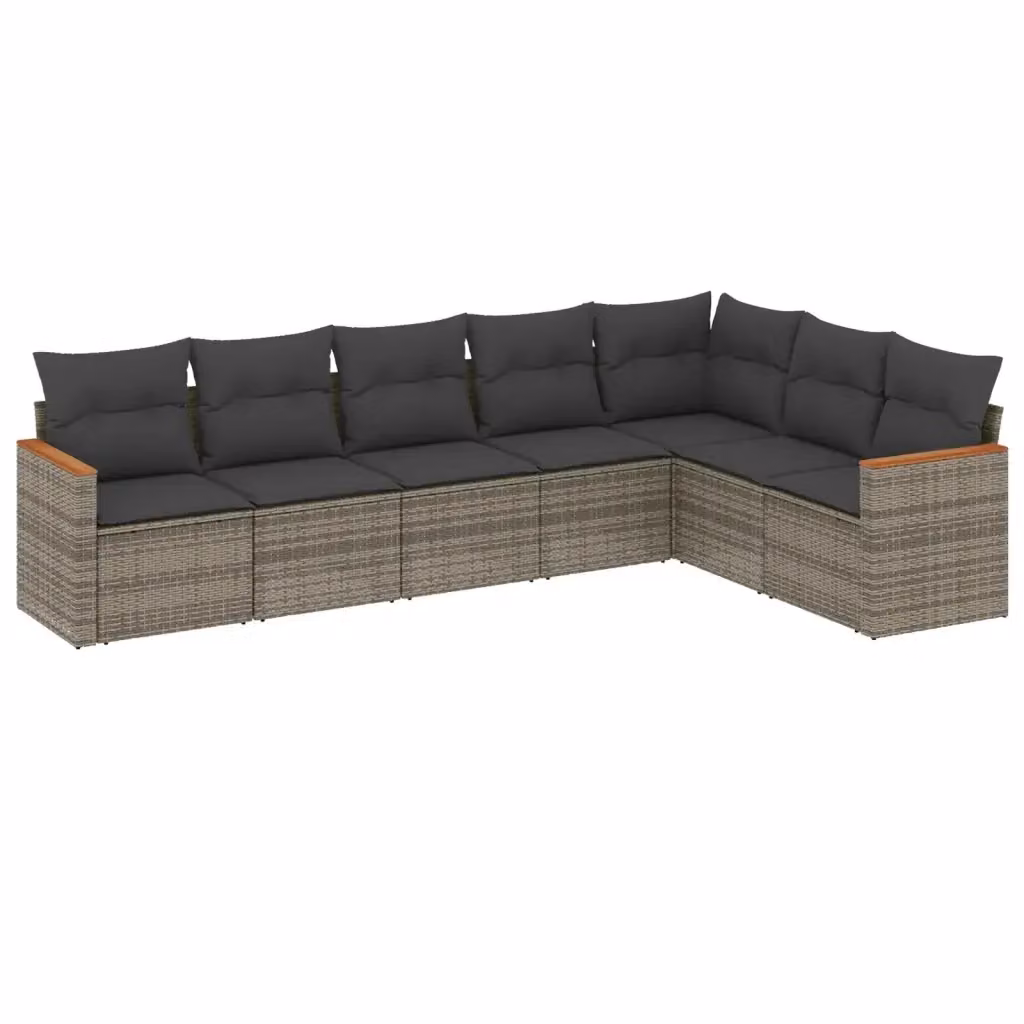 Set di divani da giardino vidaXL a forma di L composto da 7 pezzi in polyrattan e legno di acacia con cuscini grigi e coperture rimovibili – 2