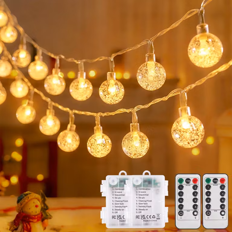 Set di 2 catene luminose a LED, lunghezza 6 metri, 40 sfere bianche calde, con timer, grado di protezione IP44