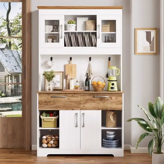 Credenza cucina con vetrina e mobile buffet moderno; 106x39x176;5 cm; bianco e legno; con cassetti e ganci