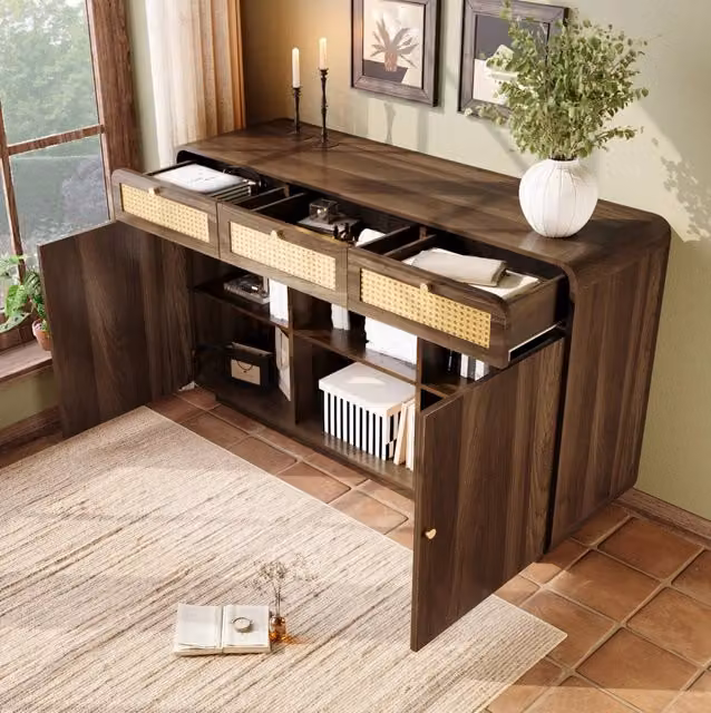 Credenza 120x40x85 cm con 3 cassetti e 2 ante; ripiano aperto in MDF e truciolato noce