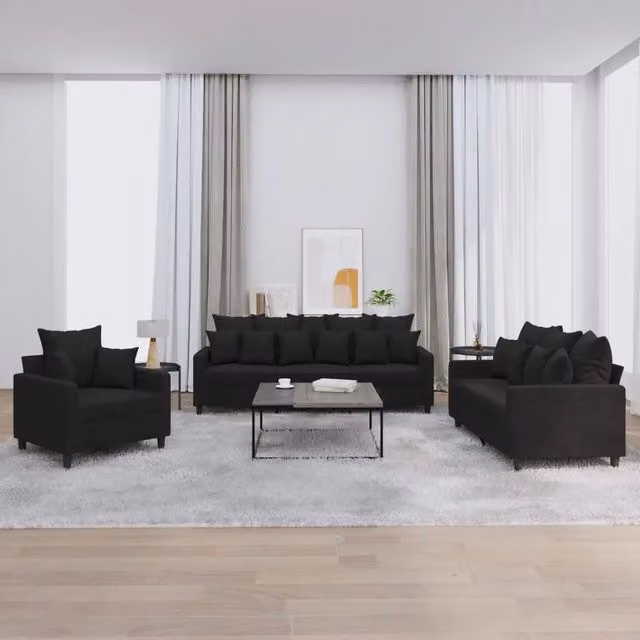 Set di divani 3 pezzi vidaXL in velluto nero con cuscini per soggiorno moderno – 1