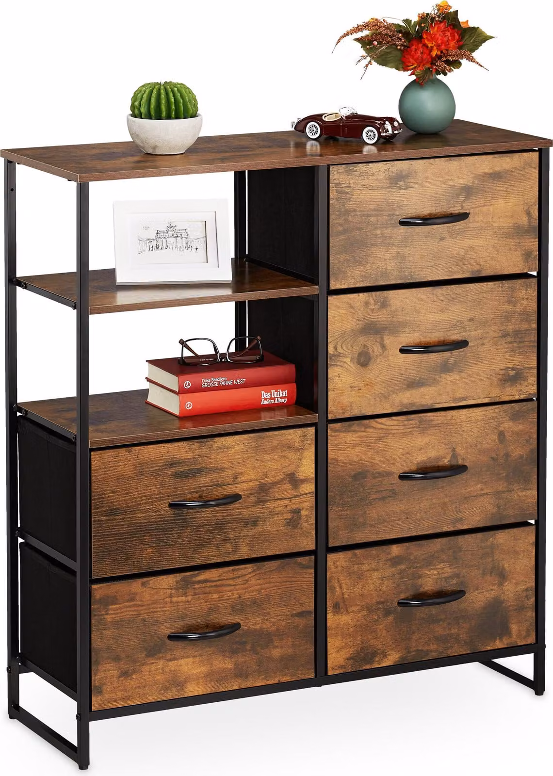Comodà Relaxdays, 6 cassetti, 3 ripiani, libri e decorazioni, comodà a scaffali in stile industriale, A x L x P: 92 x 84 x 32 cm, marrone/nero