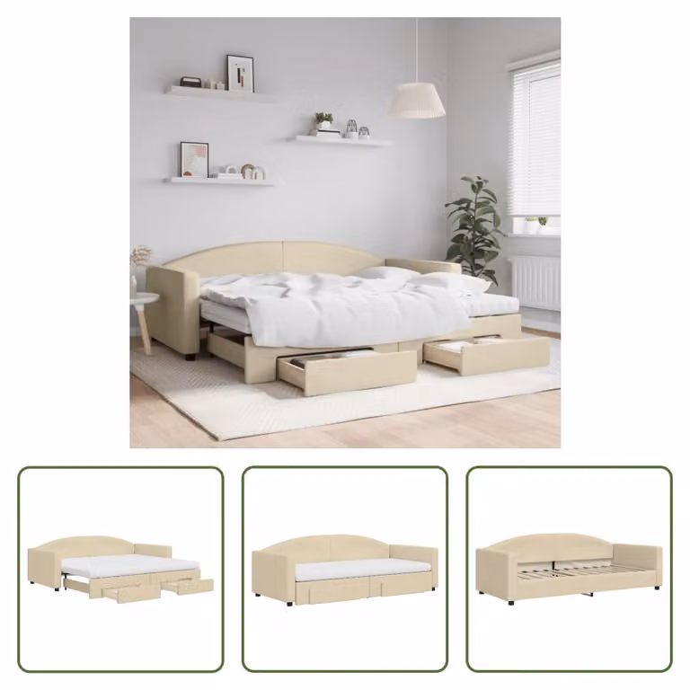 The Living Store letto da giorno allungabile con cassetti crema 90x200 cm in tessuto