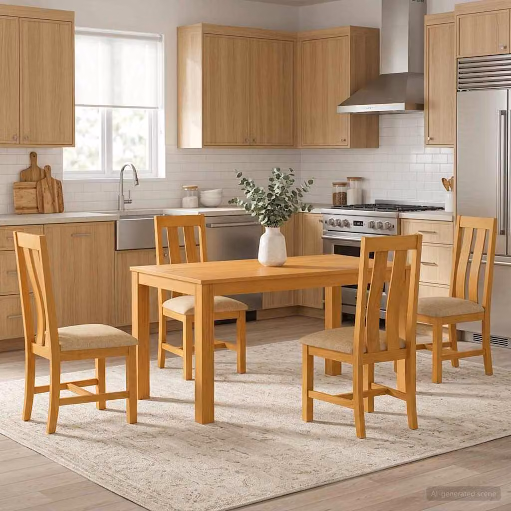 Set da pranzo vidaXL in legno di quercia massello beige composto da tavolo rettangolare e 4 sedie L/P/H: 150 x 110 x 75 cm