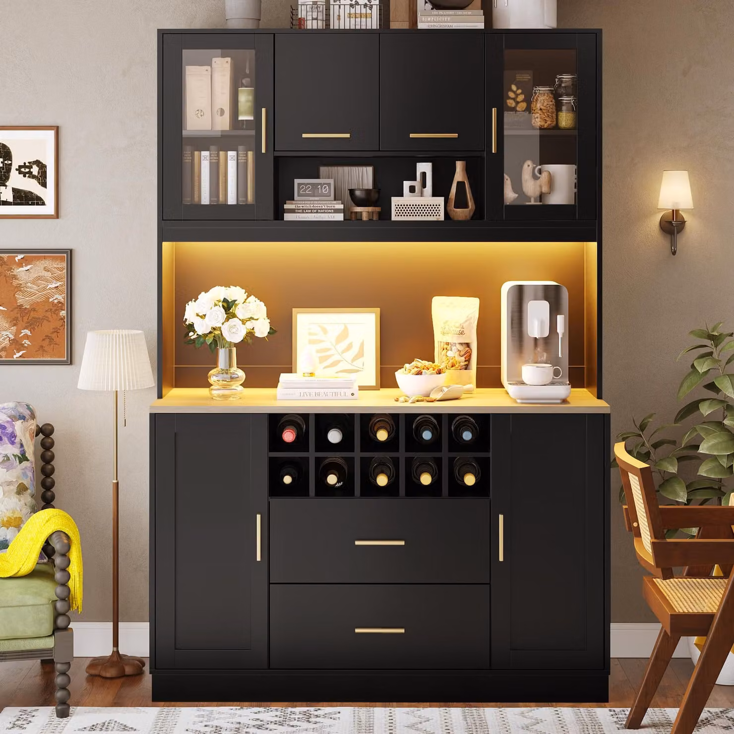 Flieks mobile alto da cucina con led, mobile buffet da cucina con usb e presa, mobile da cucina con spazio di archiviazione, 120x36,3x180cm, nero