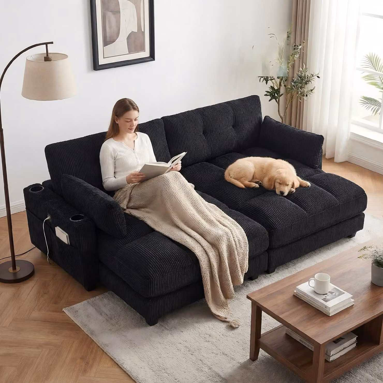 LVHOM set di 2 sedie a sdraio con porta USB e portabicchieri, divano a 2 posti, poltrona reclinabile con tasca laterale, poltrona lounge da pavimento, schienale regolabile, nero