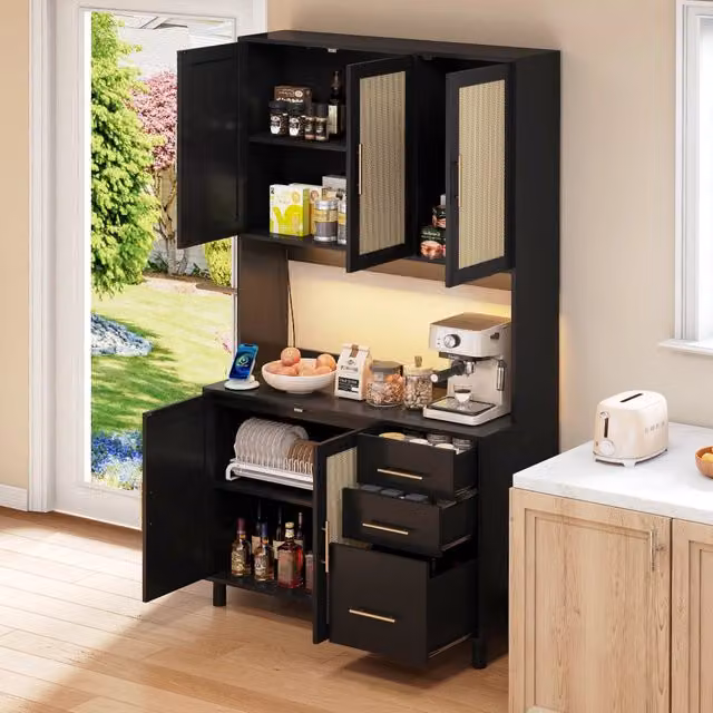 Credenza da cucina con LED multicolore controllabile via app; prese e ripiani regolabili nera 100 × 40 × 183 cm
