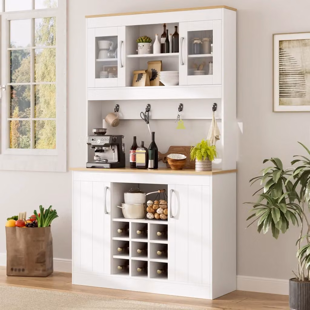Credenza Mivray per cucina e soggiorno con ante in vetro, portabottiglie e finitura bianco opaco e legno, L: 106 cm, P: 39 cm, H: 175 cm – 2