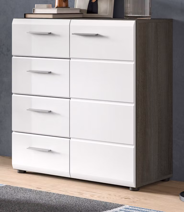 Cassettiera "Rumba" in bianco lucido e grigio argento fumé Credenza 80 x 85 cm