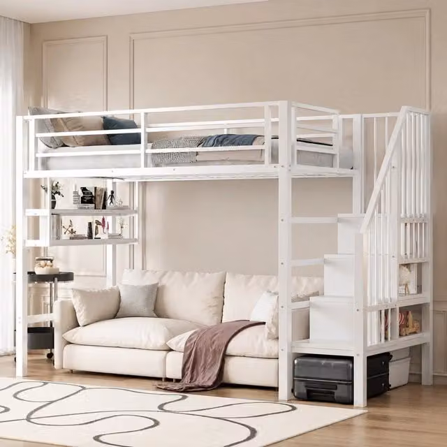 Letto a soppalco per bambini 90x200 cm con scaletta contenitore, mensole e sponda di sicurezza, bianco, senza materasso