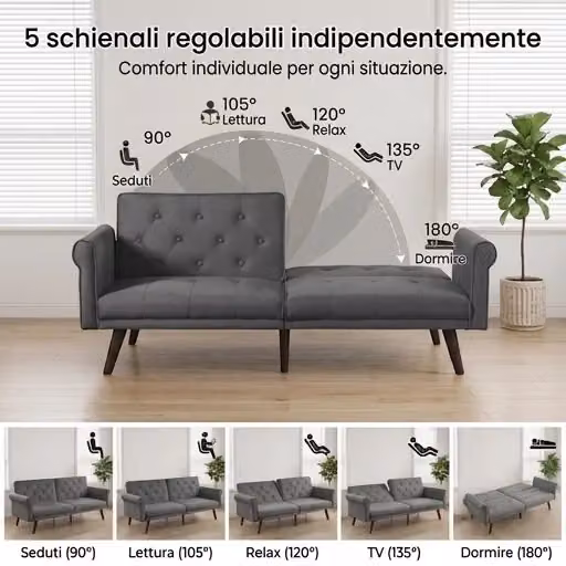 Divano letto Vovees Living a 2 posti in velluto grigio con schienale regolabile e funzione pieghevole, L: 172 cm – 2