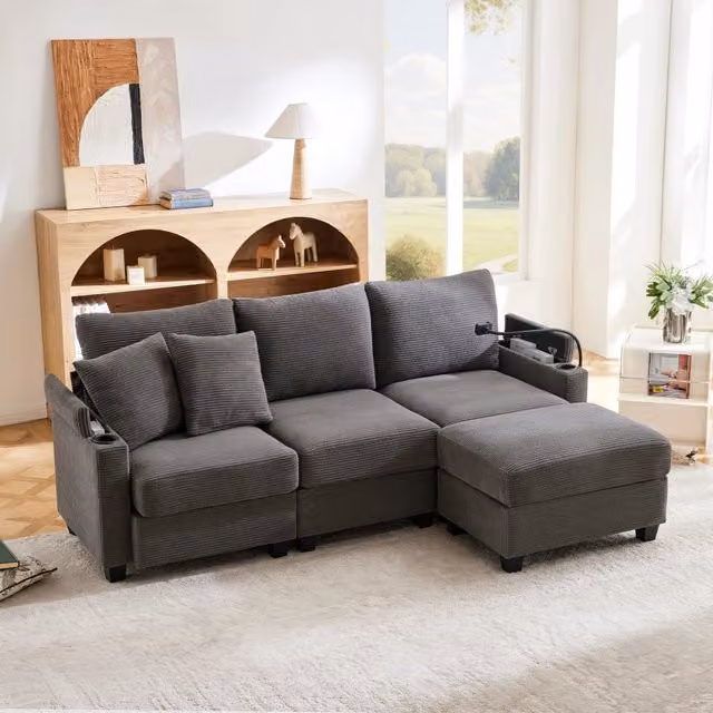 Divano angolare reversibile MIVRAY in velluto a coste grigio con pouf coordinato, ricarica USB e cuscini inclusi L/P/H: 213.5 x 139.0 x 87.0 cm