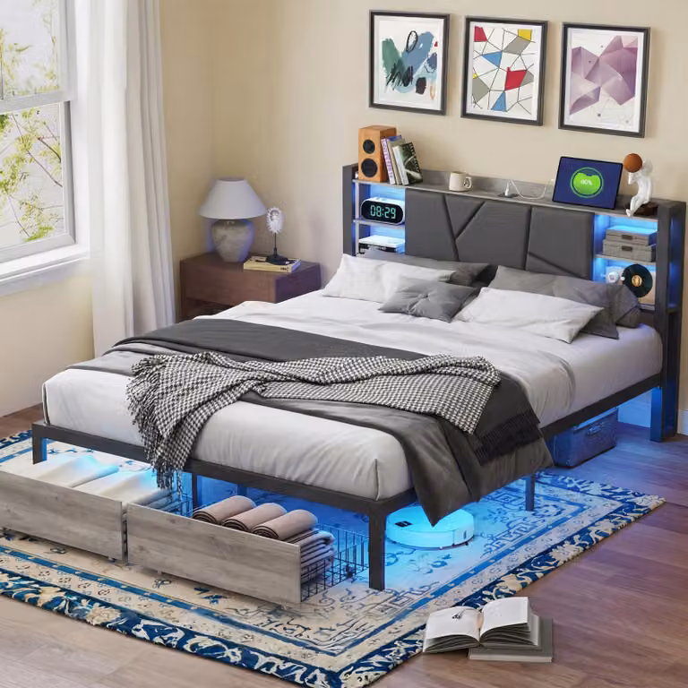 Letto in metallo ProximaX 140x200 cm con LED RGB e porta USB, letto matrimoniale sospeso con vano portaoggetti e cassetti, struttura letto moderna grigia