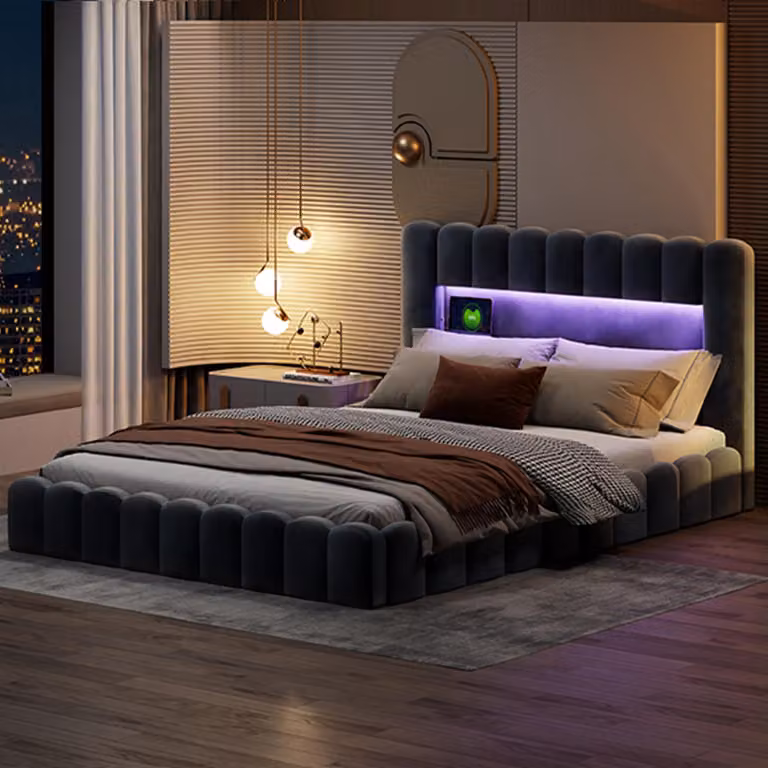 Letto imbottito INONEFT 180x200 cm con LED e porta USB di tipo C, letto con struttura a molle e rete a doghe, contenitore integrato, colore grigio lino