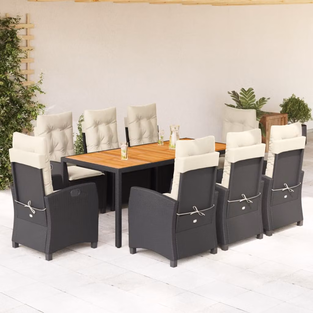 Set da Pranzo da Giardino vidaXL in Polyrattan e Legno di Acacia con Cuscini, 9 Pezzi, Nero e Bianco – 1