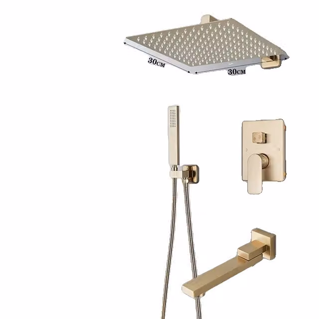 Set di rubinetteria per doccia, finitura oro spazzolato, soffione a pioggia, 3 vie 12 pollici B