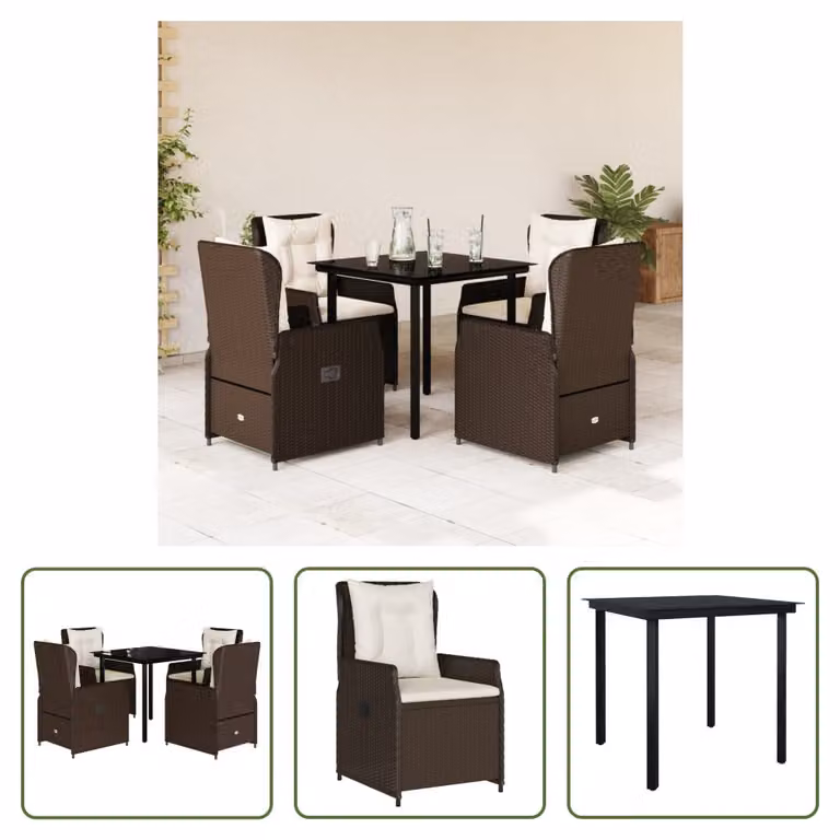 The Living Store Set da pranzo da giardino 5 pezzi con cuscini in polirattan marrone