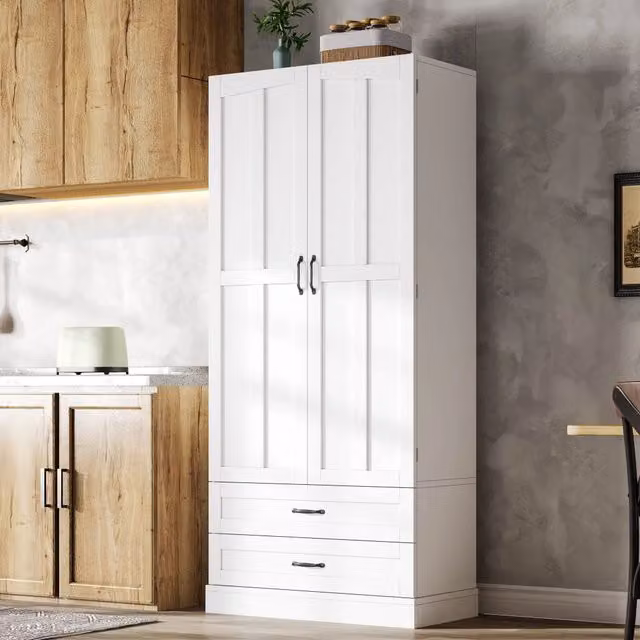 Mobile colonna da cucina con 3 ripiani estraibili; 2 cassetti e ante doppie in MDF bianco 80 × 37;5 × 180 cm