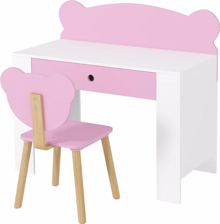 Set da scrivania Moonbite per bambine, completo di sedia e cassetto, divisorio a forma di orsetto, piano del tavolo liscio 80 x 41 cm, capacità di carico 30 kg, adatto per bambine dai 3 agli 8 anni, realizzato in legno, colore rosa