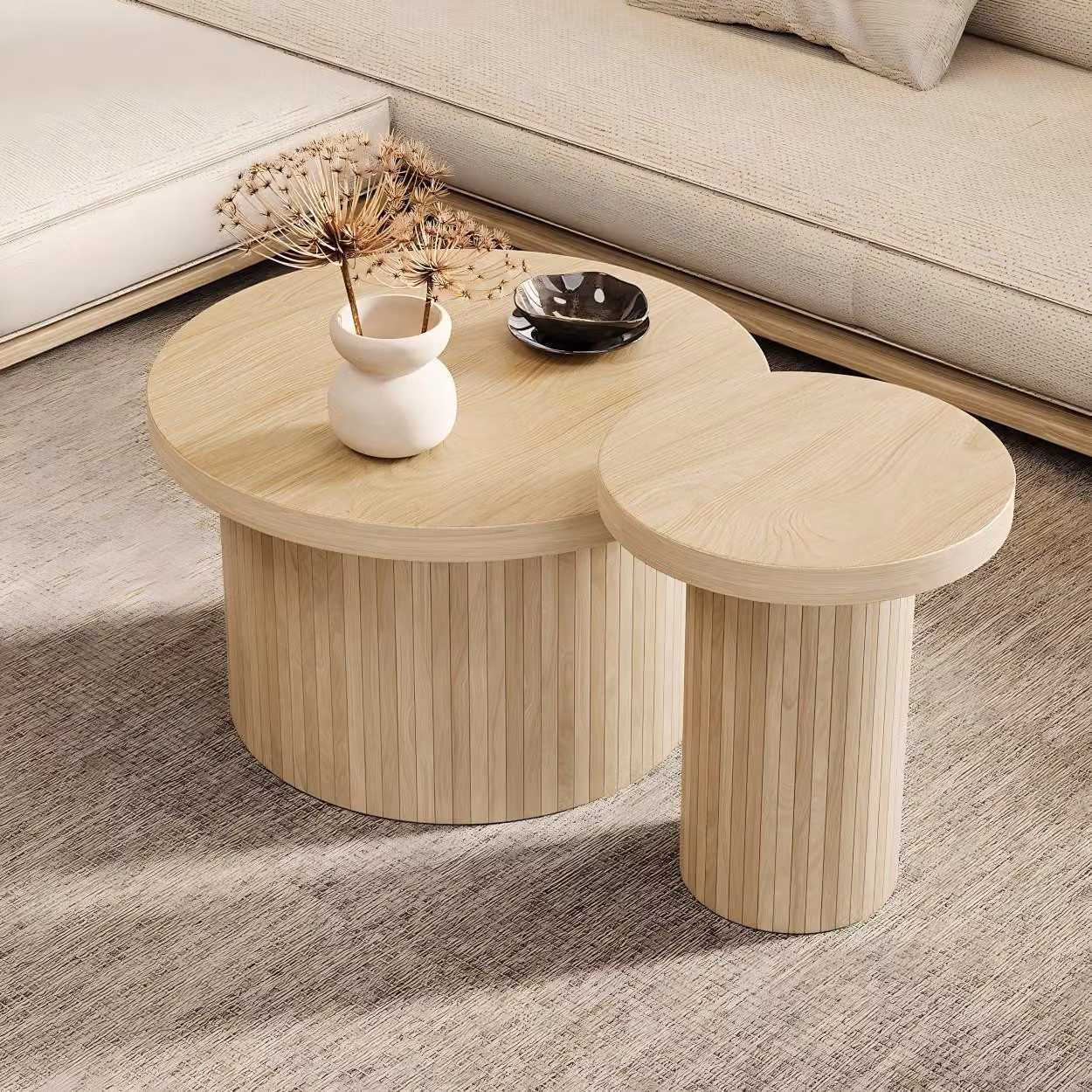 Abrihome set di 2 tavolini rotondi da salotto tavolo-66x40+40x46cm (Ø x H) con doghe in legno naturale, natura