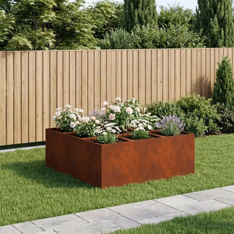 vidaXL Vaso da giardino in metallo marrone L: 100 cm, P: 100 cm, H: 20 cm