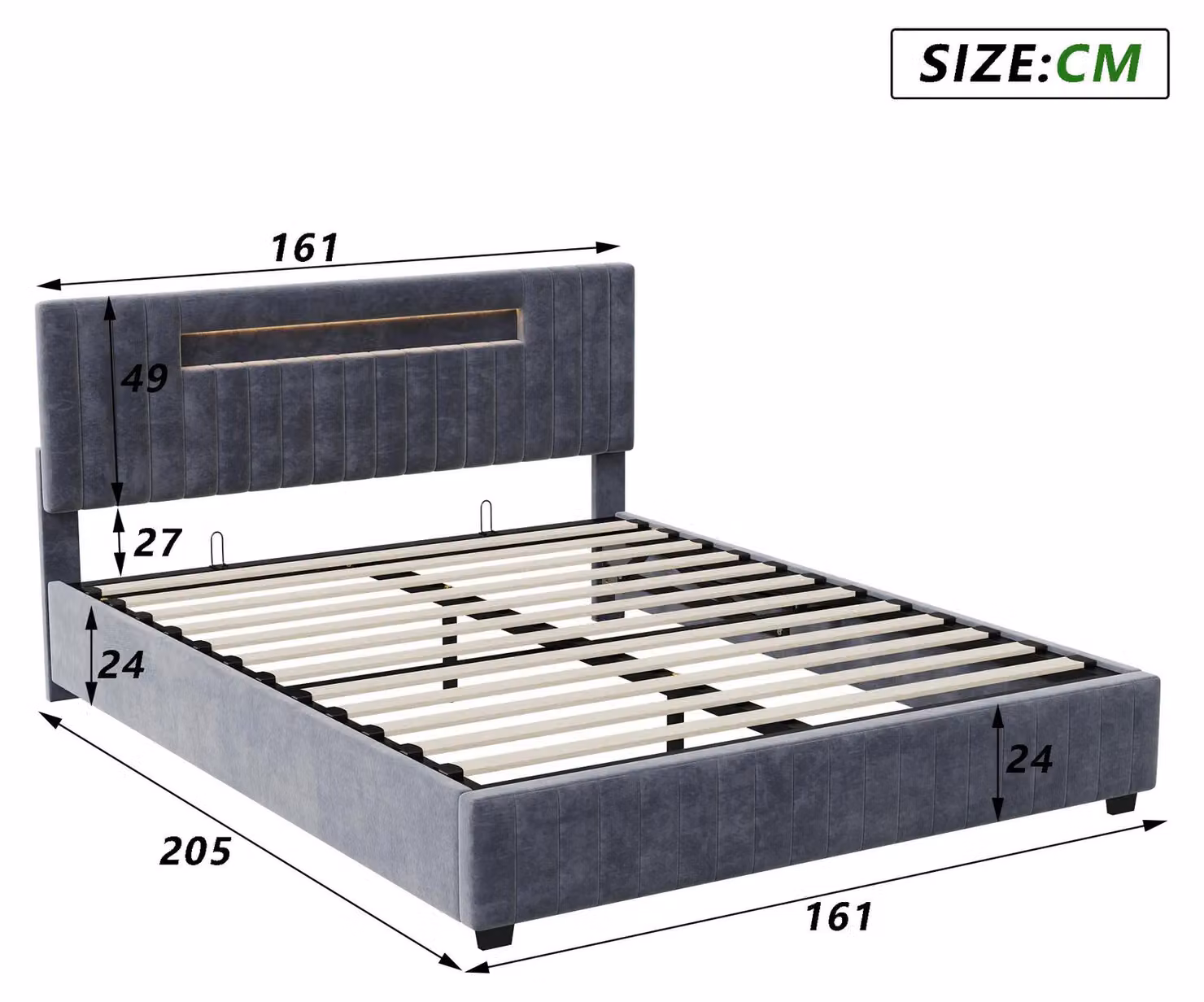 Letto imbottito - Letto matrimoniale - 160 x 200 cm - Contenitore con sistema idraulico - Cassettiera integrata - Retino - Tessuto vellutato - Grigio