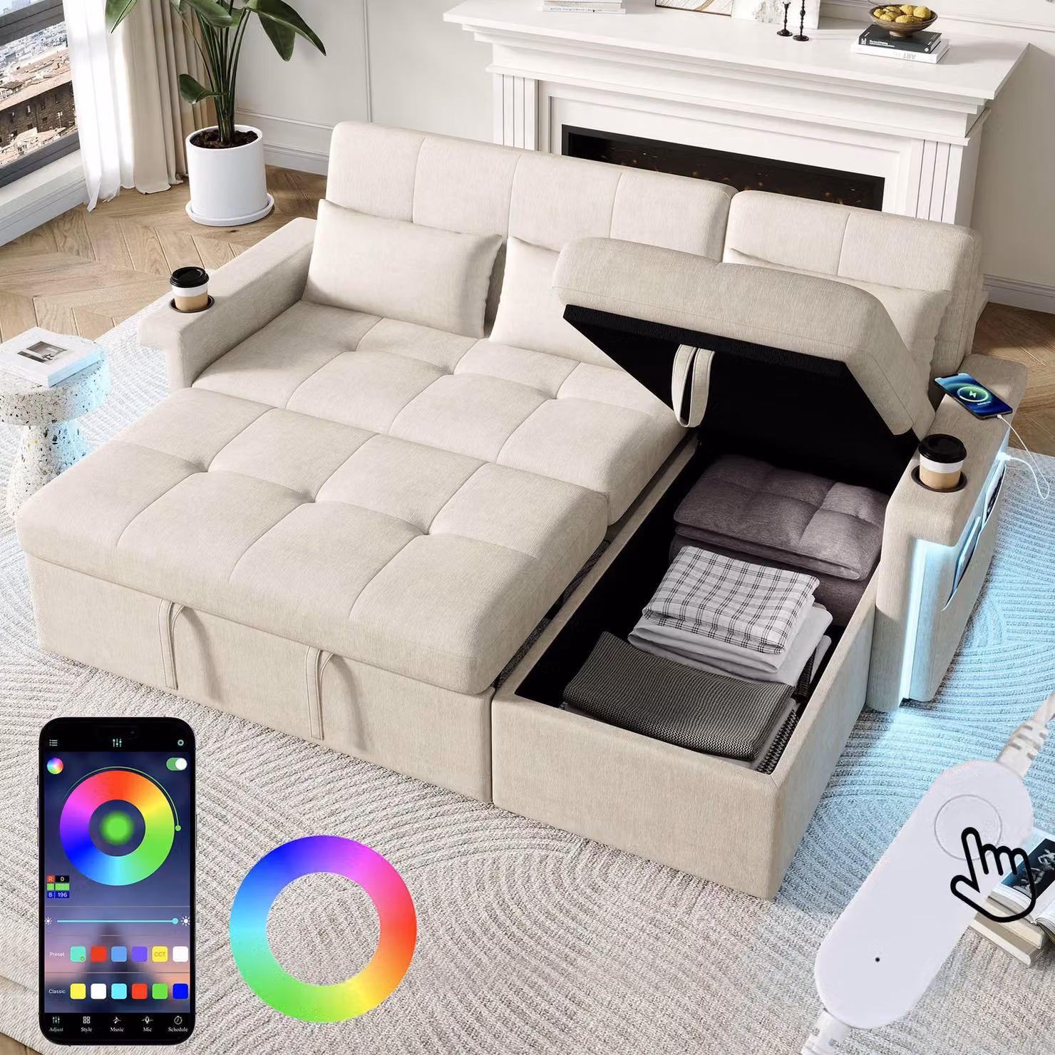 Divano angolare a L Merax a 3 posti, con funzione letto, funzione letto, LED e USB, portabicchieri, divano letto in ciniglia, divano letto, letto pieghevole, beige