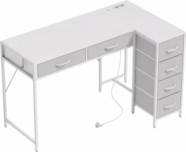 HOMCOM Scrivania Angolare a 6 Cassetti con Gancio Laterale e Prese Integrate, in Legno e Acciaio, 126x48x80 cm, Bianco   Aosom Italy