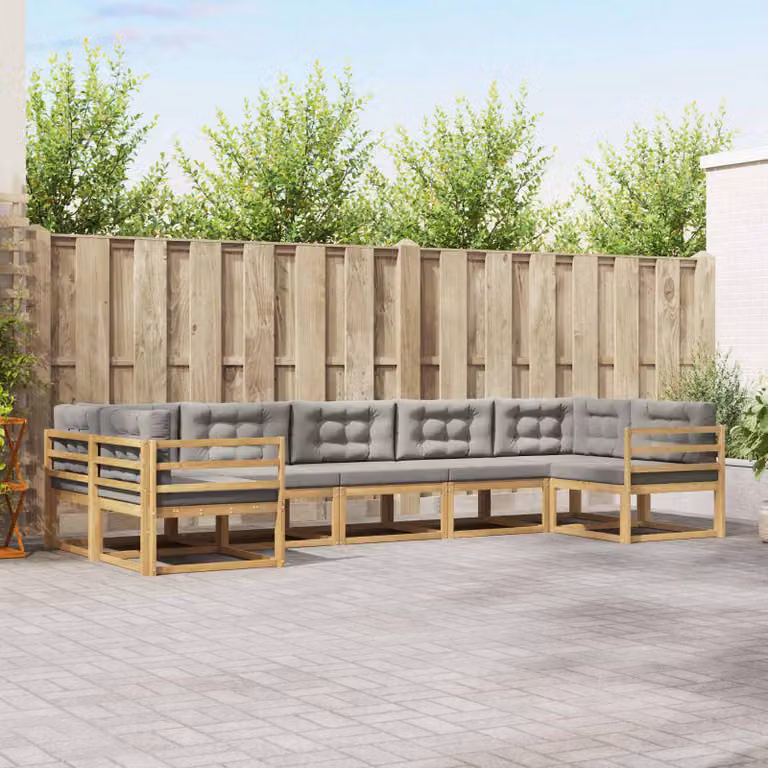 Set di divani da esterno a L vidaXL in legno di acacia con cuscini, 7 pezzi, Bianco e Grigio