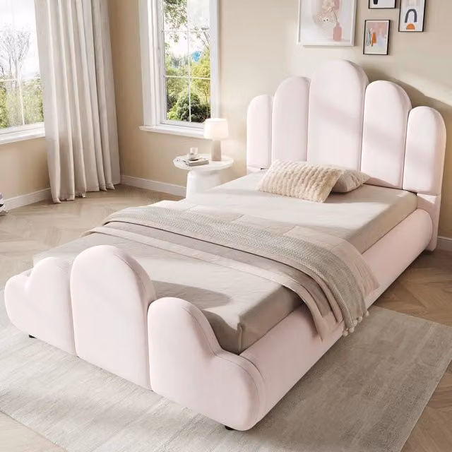 Letto singolo per bambini imbottito 90 x 200 cm con testiera imbottita e angoli arrotondati, in velluto - Rosa