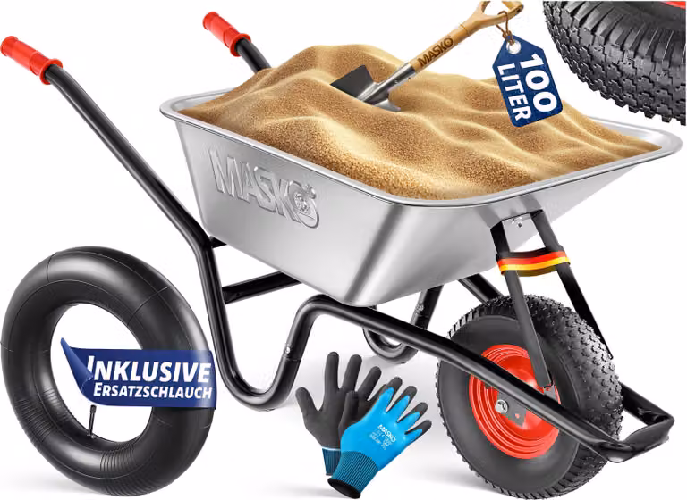 Carriola MASKO® da cantiere con ruote pneumatiche, capacità 100 L, portata fino a 250 kg