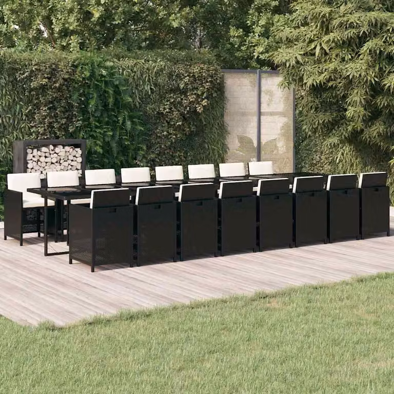 Set da pranzo da giardino vidaXL in polyrattan nero con cuscini e tavolo in vetro, 17 pezzi