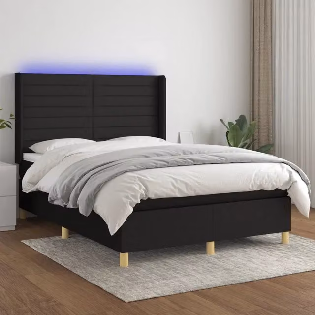 Letto a molle con materasso vidaXL in tessuto nero con illuminazione LED sottostante e porta USB L/P/H: 203 x 140 x 128 cm