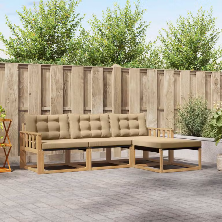 Set di divani da esterno vidaXL a forma di L composto da 4 pezzi in legno di acacia con cuscini bianchi e beige