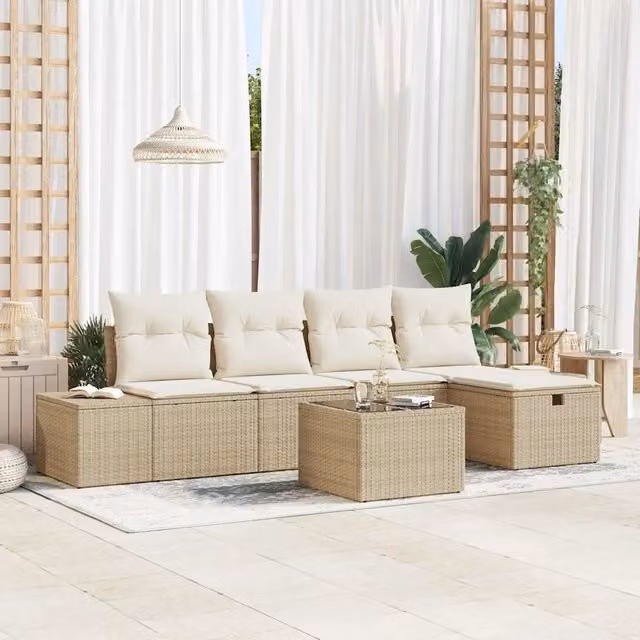 Set di divani da giardino a L con poltrona e tavolino vidaXL, colore beige, in rattan e metallo con cuscini inclusi