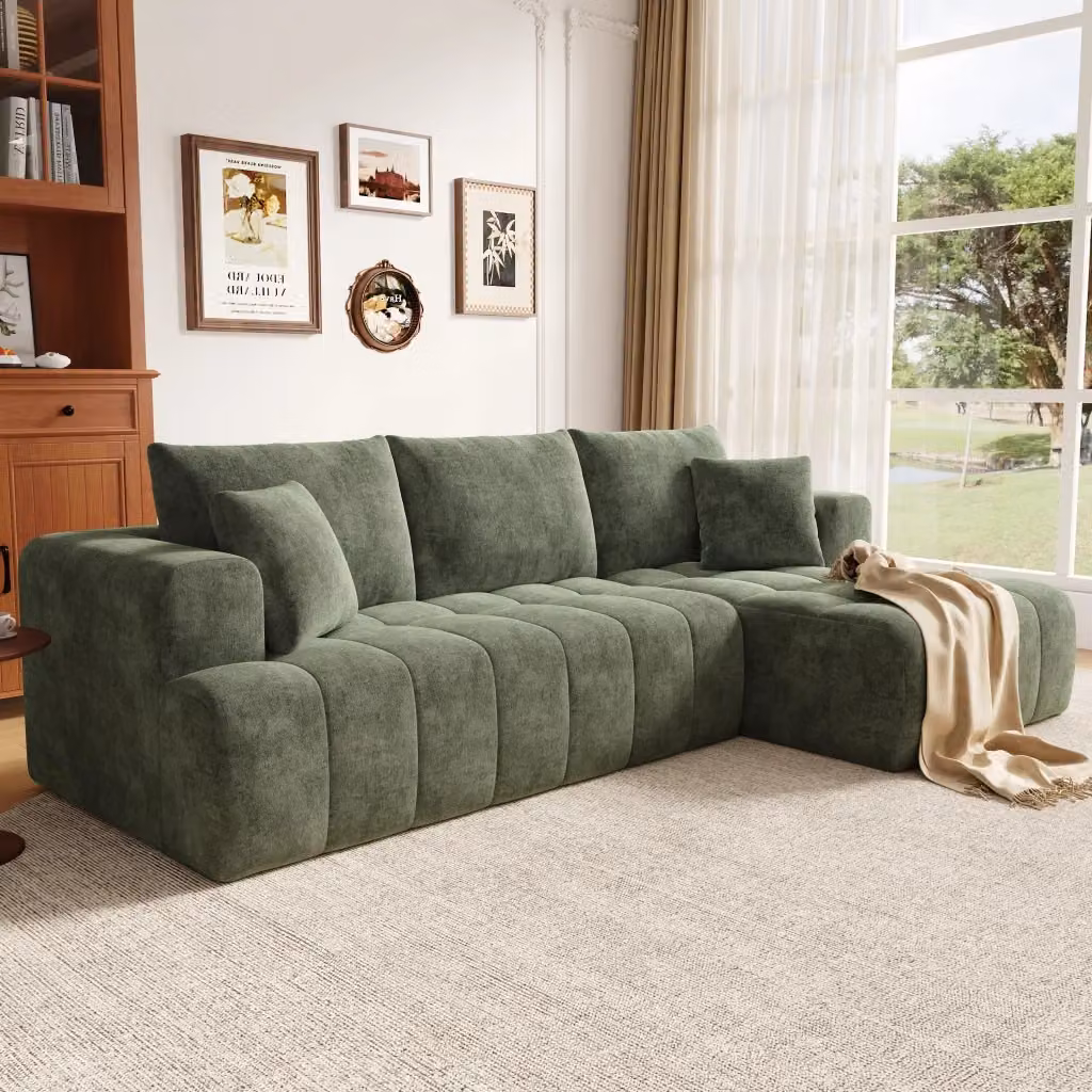 Divano angolare modulare MIVRAY verde con chaise longue e 2 cuscini, design moderno a L con seduta reversibile in tessuto – 2