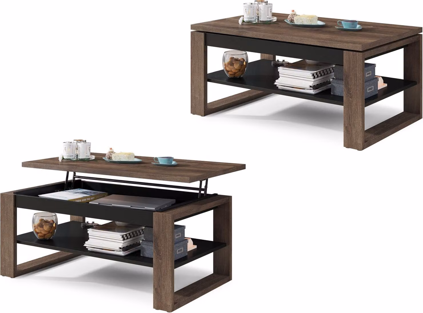 Tavolino All4All Nico, tavolino da caffè, tavolino da salotto, tavolino per laptop, tavolino da divano, allungabile, ribaltabile, 100x60 cm, 05, rovere marrone + nero