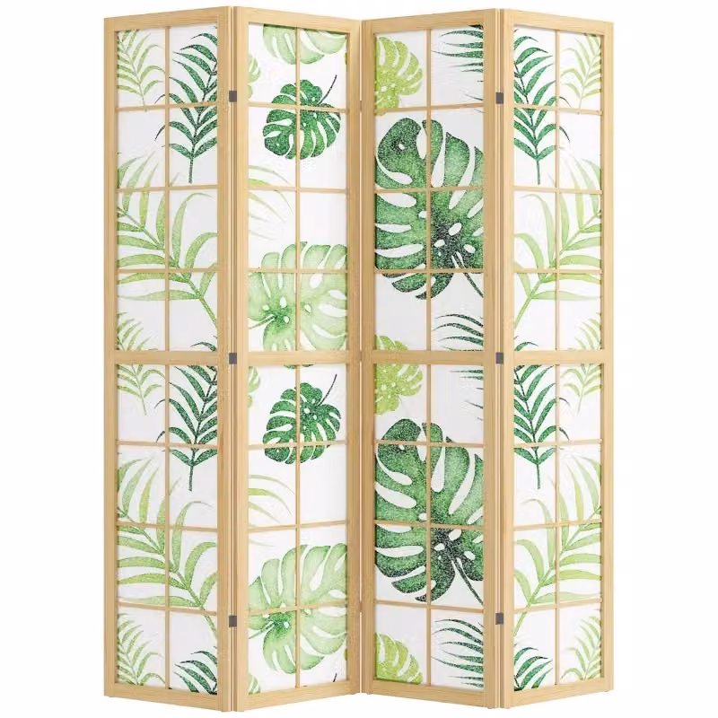 Divisorio pieghevole Minimal a 4 pannelli con design Boho e motivo tropicale in legno di pino, colore verde e multicolore, H: 170 cm – 2