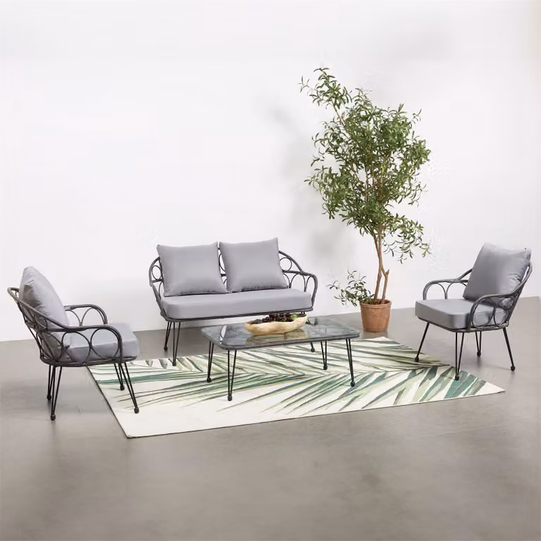 Mobili da giardino CAIRO: 2 poltrone, 1 divano a due posti, 1 tavolino - nero/grigio, mobili da salotto per balcone, mobili da giardino in rattan, set da salotto per esterni