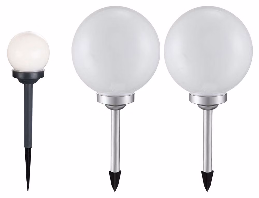Set di 3 lampade solari a LED, forma sferica, colore bianco, con picchetto da terra, diametro 10/20 cm