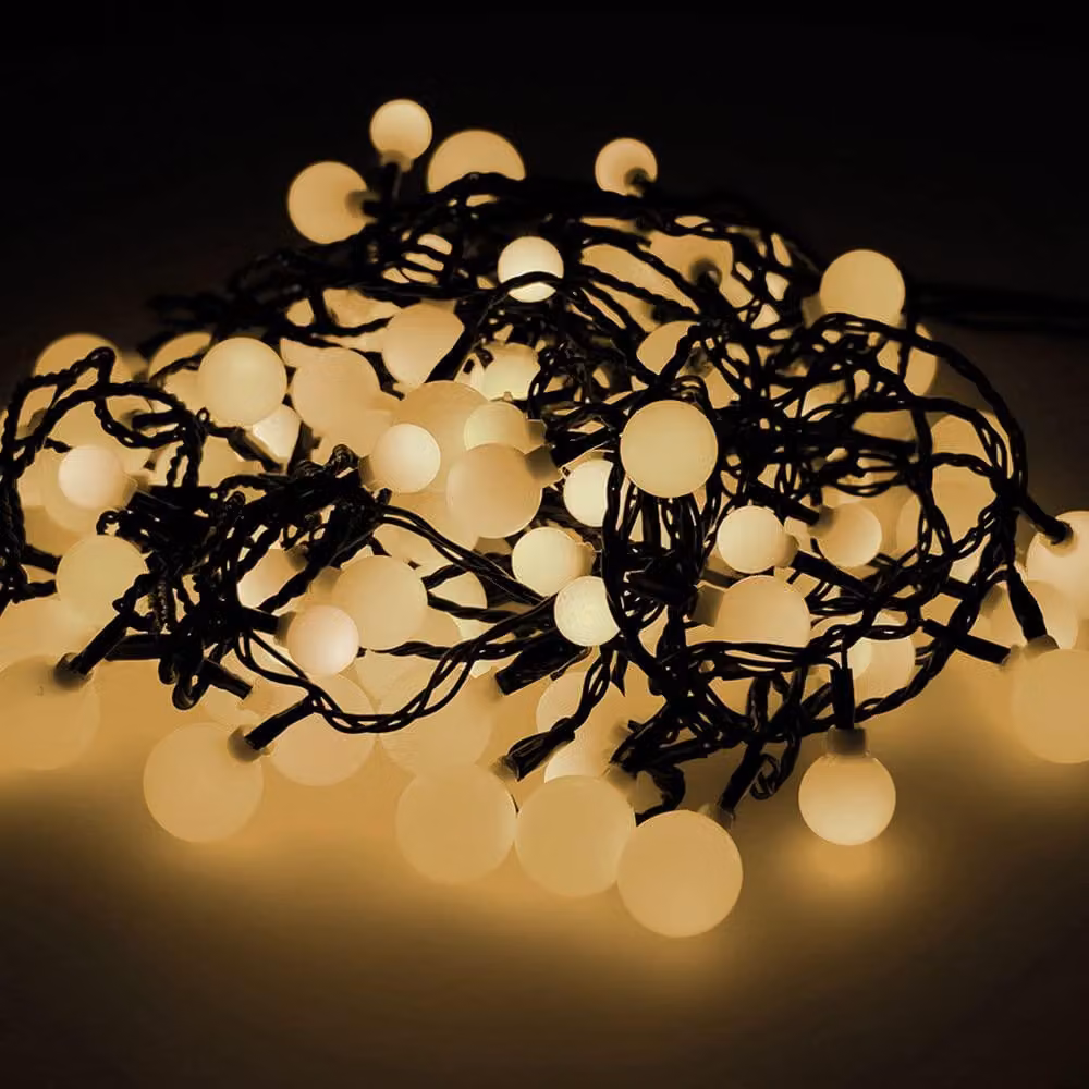 Catena luminosa a LED, 14 metri, 120 LED bianco caldo, design a forma di ciliegia, per uso esterno