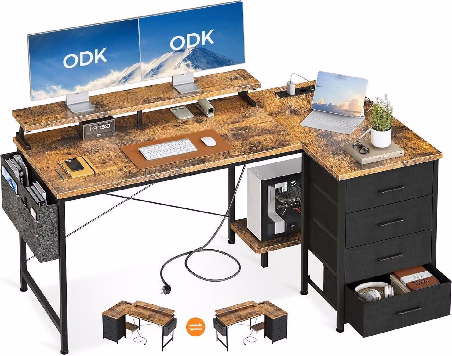 ODK Scrivania a L 140x80x84,7cm con 4 cassetti e ripiano per monitor - Marrone