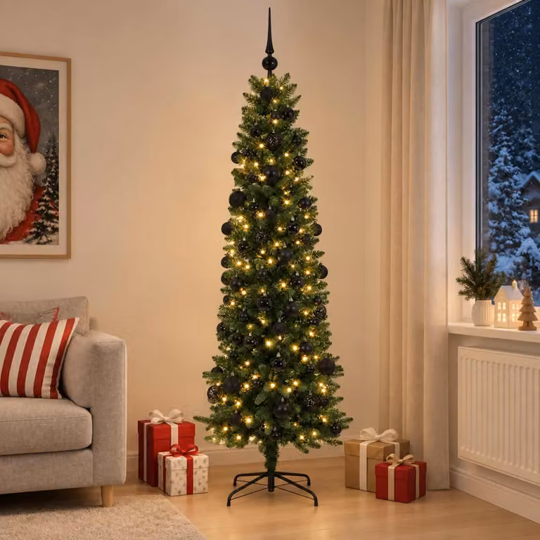 Albero di Natale artificiale, sottile, con decorazioni a forma di pallina, altezza 210 cm