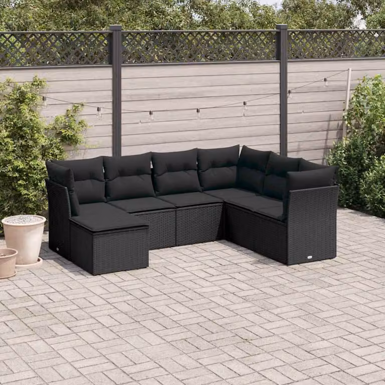 vidaXL Set Divani da Giardino a L con Cuscini 7pz in Polyrattan Nero